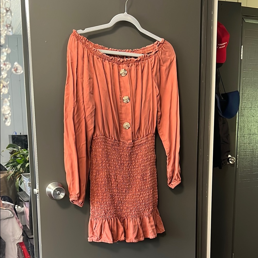 Rust Off-Shoulder Bishop Sleeve Sundress
